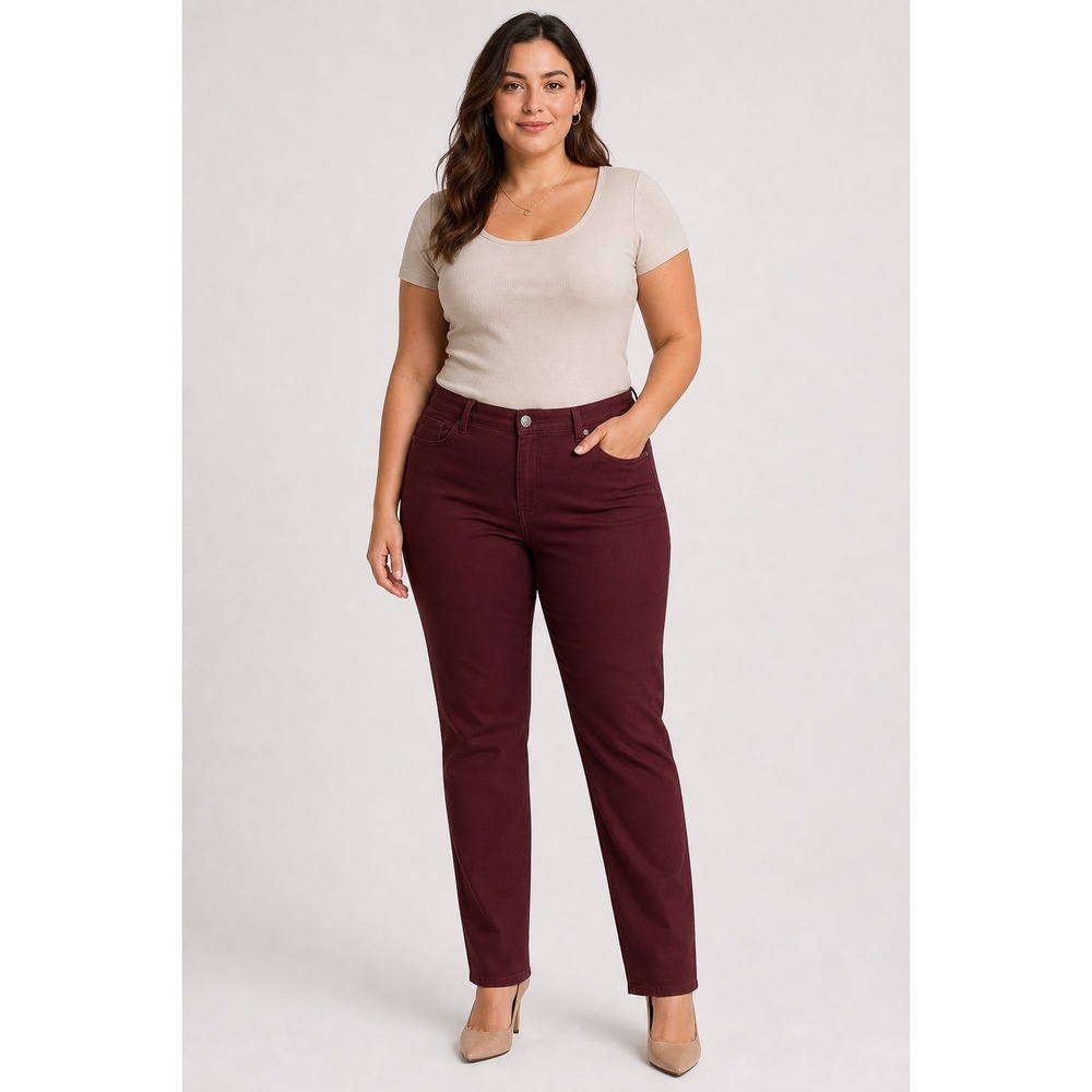 NYDJ‎ Marilyn Straight Jeans Womens 14 Burgundy Lift Tuck Stretch Denim